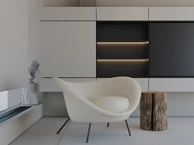 White Modern Accent Chair With Wooden Stump Side Table And Modern Interior Lit Shelves 3d model
