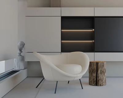 White Modern Accent Chair With Wooden Stump Side Table And Modern Interior Lit Shelves 3d model