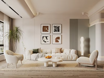 Modern Living Room Interior With White Sofa Armchairs Round Coffee Table And Decorative Paintings 3d model