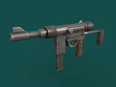 Vintage Submachine Gun With Metal Body Wooden Grip And Barrel Design 3d model
