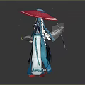 Mythical Woman In Blue And White Outfit Holding Red Umbrella With Flowing Decorations