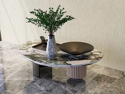 Modern Round Marble Coffee Table With Green Plant Vase And Black Bowl On Marble Floor 3d model