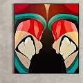 Abstract Paintings On Wall With Red Green Blue Geometric Shapes And Potted Plant