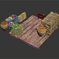 Rustic Wooden Platform Scene With Crates Clay Jars And Wire Mesh Basket