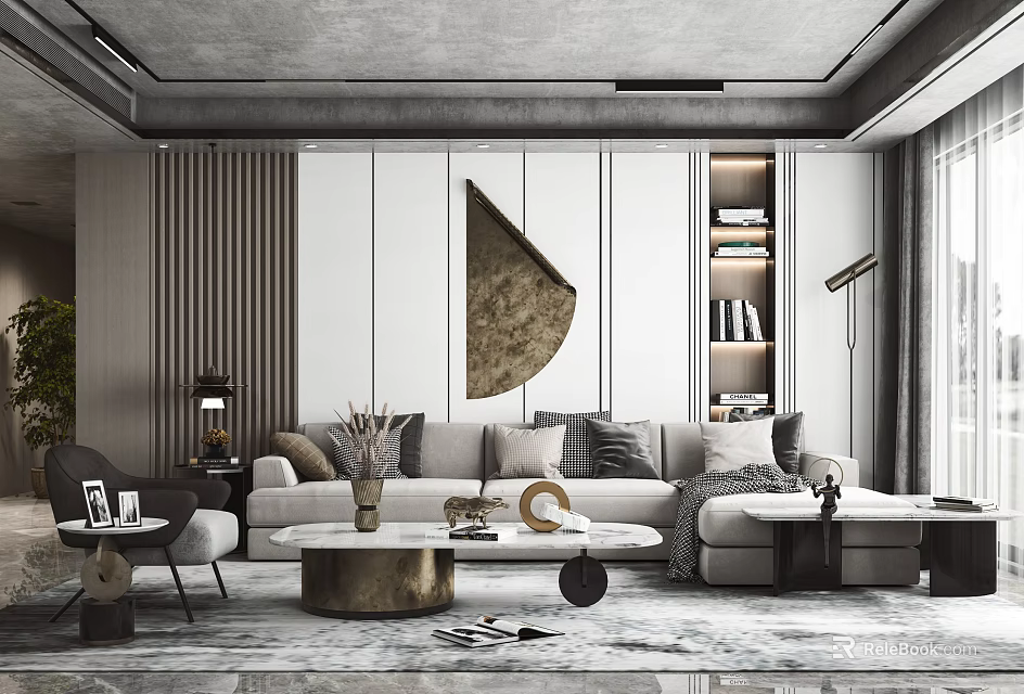 Elegant Modern Sofa Coffee Table Set With Pillows Rug And Decorative Art 3d model