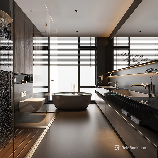 Modern Bathroom Interior With Large Windows Blinds Freestanding Bathtub Sleek Black Sinks Shower Area 3d model 
