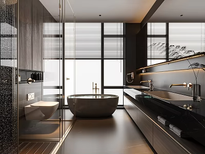 Modern Bathroom Interior With Large Windows Blinds Freestanding Bathtub Sleek Black Sinks Shower Area 3d model