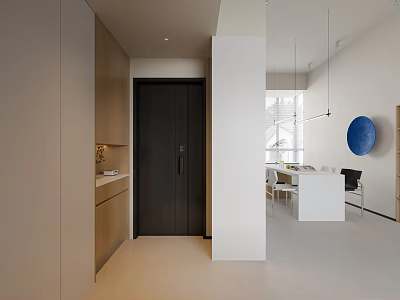 Modern Foyer Hallway With Light Brown Cabinets And Dark Door 3d model