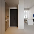 Modern Foyer Hallway With Light Brown Cabinets And Dark Door