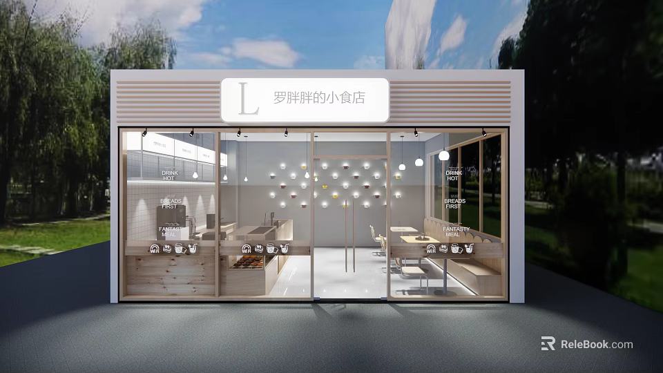 Modern Milk Tea Shop With Glass Facade Display Shelves Tables Chairs And Decorative Lights 3d model 