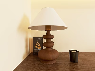 Wooden Table Lamp With White Shade On Wooden Desk Near Black Cup 3d model