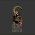 Muscular Warrior Riding Yellow Beast With Curled Tail Red Tongue Holding Spear On Rock Base