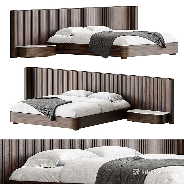 Modern Wooden Double Bed With Striped Headboard White Bedding And Side Table 3d model 