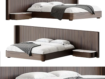 Modern Wooden Double Bed With Striped Headboard White Bedding And Side Table 3d model