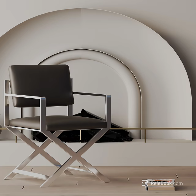 Modern Black Leather Leisure Chair With Silver Metal X Frame And White Arched Wall Interior 3d model 