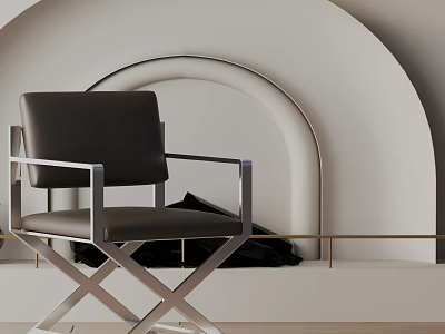 Modern Black Leather Leisure Chair With Silver Metal X Frame And White Arched Wall Interior 3d model