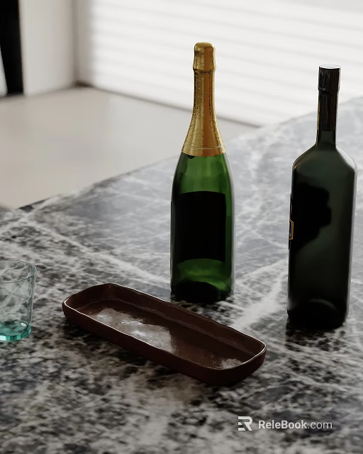 Green Champagne And Dark Wine Bottles On Marble Countertop With Brown Tray And Clear Cup 3d model 