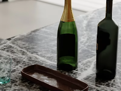 Green Champagne And Dark Wine Bottles On Marble Countertop With Brown Tray And Clear Cup 3d model