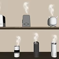 Household Electrical Appliances Multiple Humidifiers on Shelves Different Shapes Colors Releasing Mist