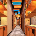 Modern Restaurant Interior Design With Wooden Ceiling Blue Accents Large Screens And Decorative Plants