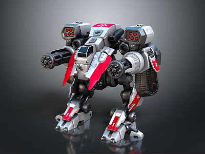 Detailed Robot Character Design With Mechanical Armor Cannons Red Accents And Tracked Legs 3d model