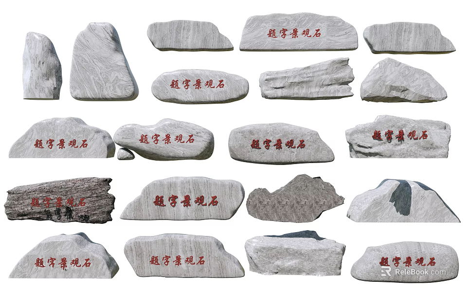 Natural Stone and Wood Outdoor Landscape Decor Elements with Engraved Designs 3d model 