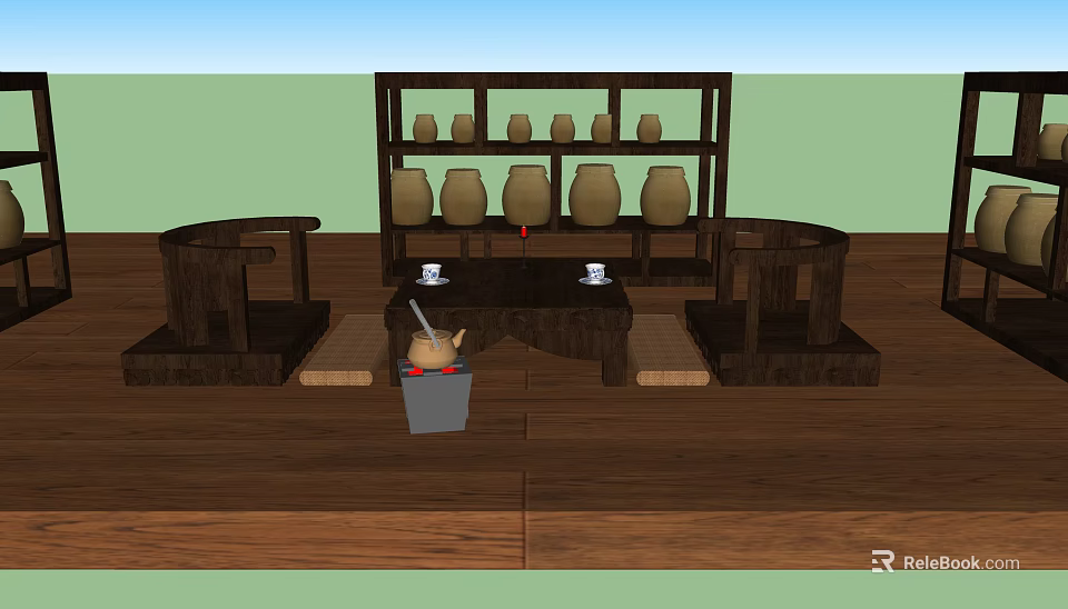 Traditional Tea Table And Chairs Setup With Ceramic Jars On Shelves And Wooden Floor 3d model 