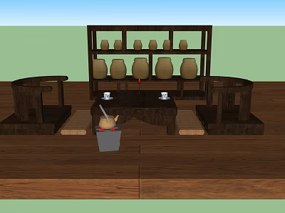 Traditional Tea Table And Chairs Setup With Ceramic Jars On Shelves And Wooden Floor 3d model