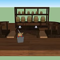 Traditional Tea Table And Chairs Setup With Ceramic Jars On Shelves And Wooden Floor