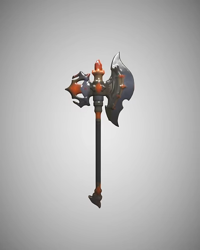Decorative Metal Battle Axe With Red And Black Spiked Head And Ornate Handle 3d model