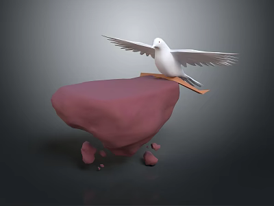 White dove spreading wings on red rock with small stones around 3d model