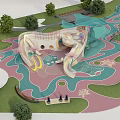 Colorful Kids Play Area with Slide Moon Decoration Pathway Trees and Seats