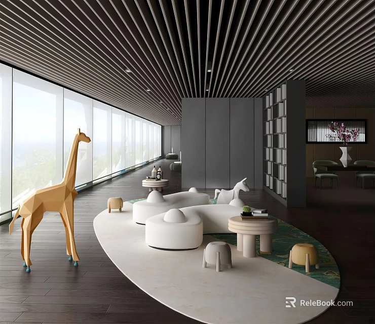 Hotel Public Lounge Area With Modern Design Floor-to-Ceiling Windows Golden Giraffe Sculpture White Circular Sofas 3d model 