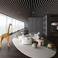 Hotel Public Lounge Area With Modern Design Floor-to-Ceiling Windows Golden Giraffe Sculpture White Circular Sofas