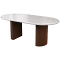 Oval Dining Table With Light Colored Smooth Top And Dark Brown Ribbed Legs Design
