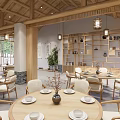 Minimalist Restaurant Interior With Wooden Ceiling Hanging Lights Round Tables And Light Chairs