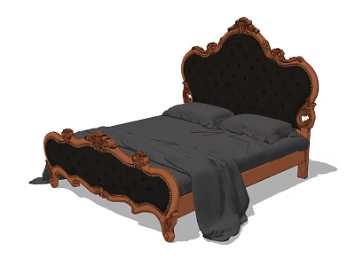 Elegant Double Bed With Carved Wooden Frame And Dark Velvet Tufted Headboard 3d model