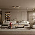 Modern Living Room Interior With Sectional Sofa Coffee Table Bookshelf And Decorative Plants