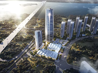 Modern Urban Landscape With Tall Buildings Bridge River And Green Spaces 3d model