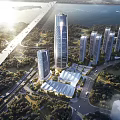 Modern Urban Landscape With Tall Buildings Bridge River And Green Spaces