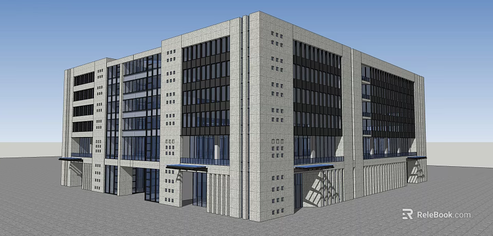 Modern Office Building With Stone Exterior And Floor To Ceiling Glass Windows 3d model 