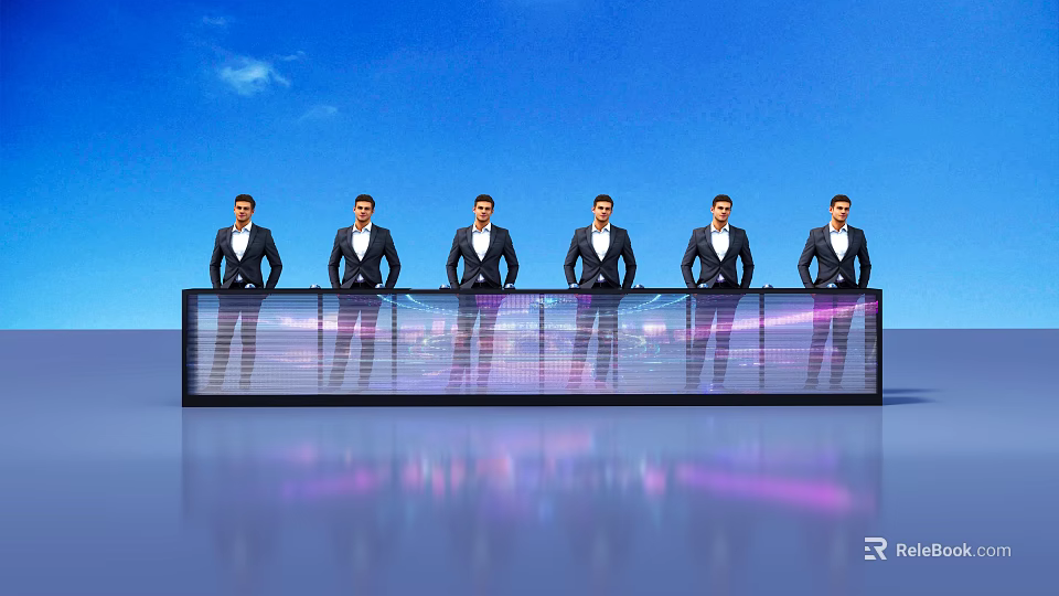Six Men Standing Behind Large Transparent Display Screen With Blue Sky Background And Reflective Surface 3d model