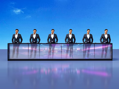 Six Men Standing Behind Large Transparent Display Screen With Blue Sky Background And Reflective Surface 3d model