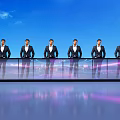 Six Men Standing Behind Large Transparent Display Screen With Blue Sky Background And Reflective Surface 3d model