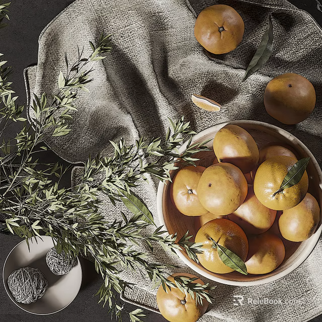 Fresh Oranges in Wooden Bowl with Olive Branches Burlap Cloth and Sliced Orange 3d model 