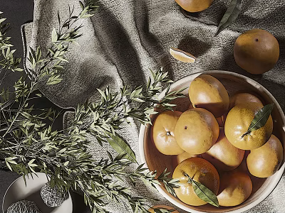 Fresh Oranges in Wooden Bowl with Olive Branches Burlap Cloth and Sliced Orange 3d model