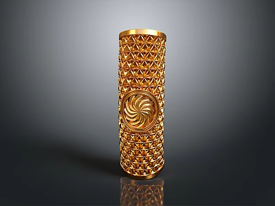 Woman Displaying Elegant Golden Cylindrical Decor With Diamond Pattern And Spiral Design 3d model