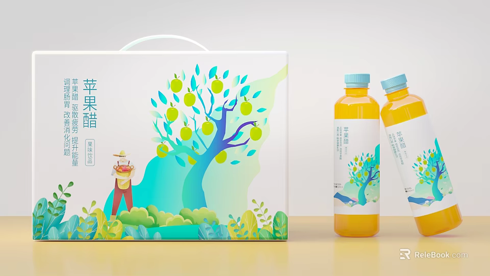 Decorative Ornament Set with Apple Cider Vinegar Gift Box and Fruit Tree Illustration Design 3d model 