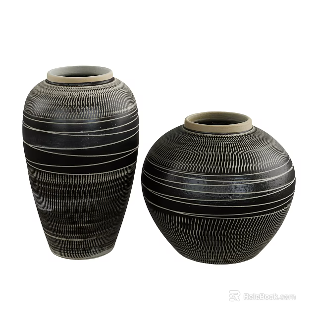 Two Black Ceramic Vases With White Stripes And Textured Design For Home Decor 3d model 