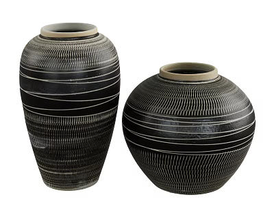 Two Black Ceramic Vases With White Stripes And Textured Design For Home Decor 3d model